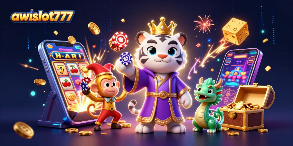 Engage with awslot777 in a vibrant scene featuring a royal tiger and playful monkey amidst dynamic casino game elements.