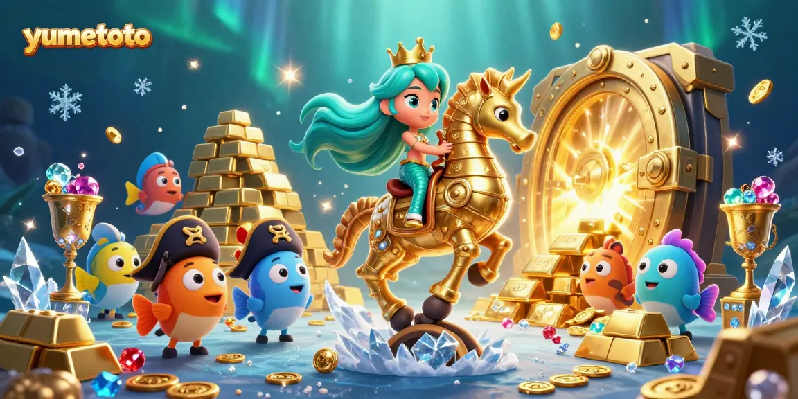 Experience the excitement of yumetoto as the mermaid princess rides her golden seahorse amidst treasures and colorful fish.