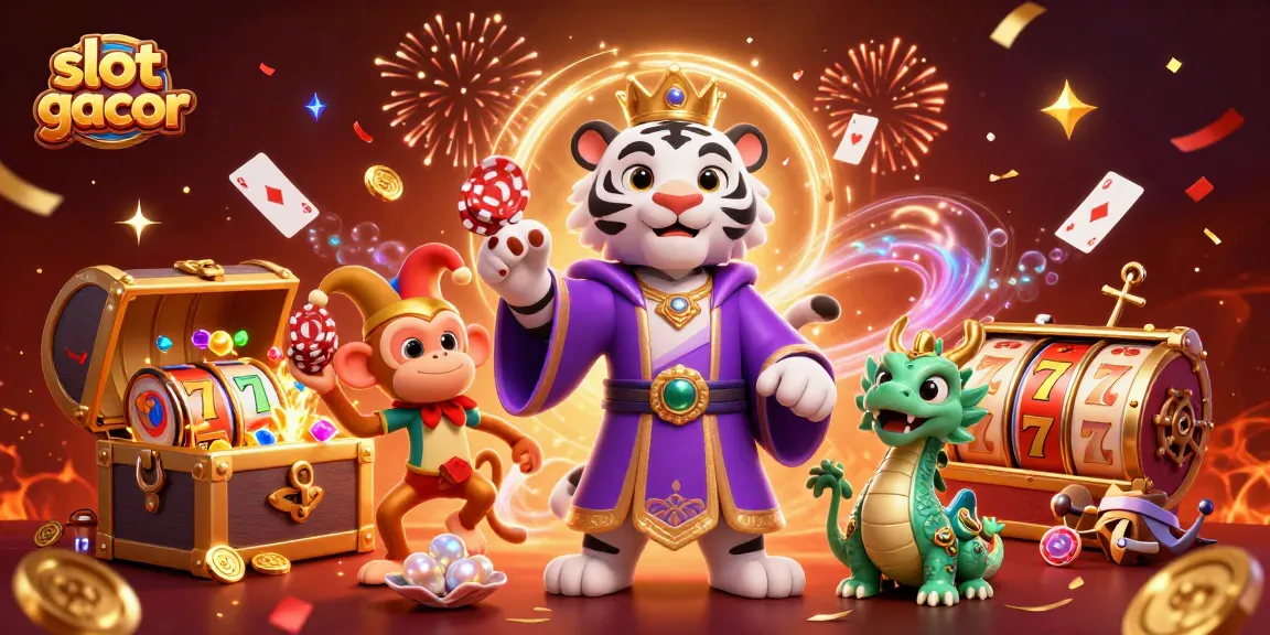Experience the thrill of slot gacor with vibrant characters juggling poker chips and winning symbols in a captivating 3D illustration.