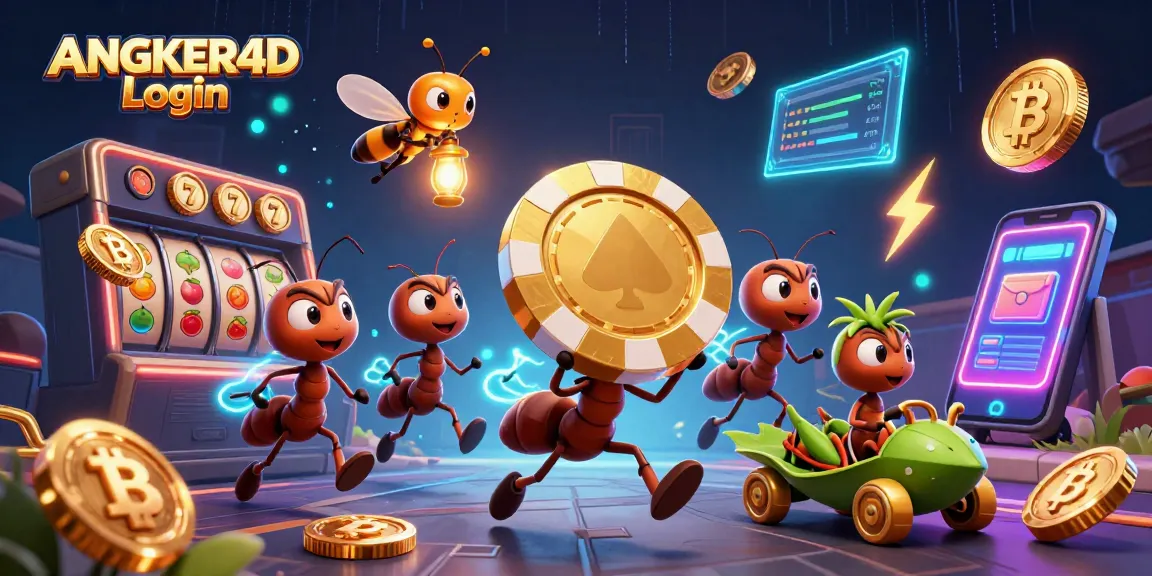 Play and win big at ANGKER4D Login with 3D cartoon ants, excitedly carrying a golden poker chip!