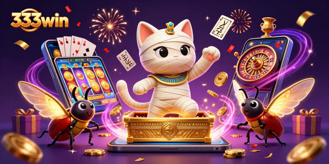 Experience thrilling gameplay with 333win featuring an Egyptian mummy cat in a vibrant casino scene.