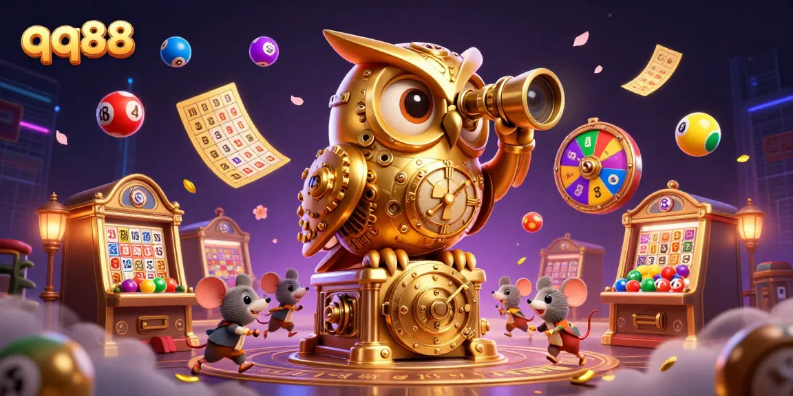 Engage in thrilling gameplay at qq88, featuring a vibrant casino atmosphere with a golden owl and lively slot machines.