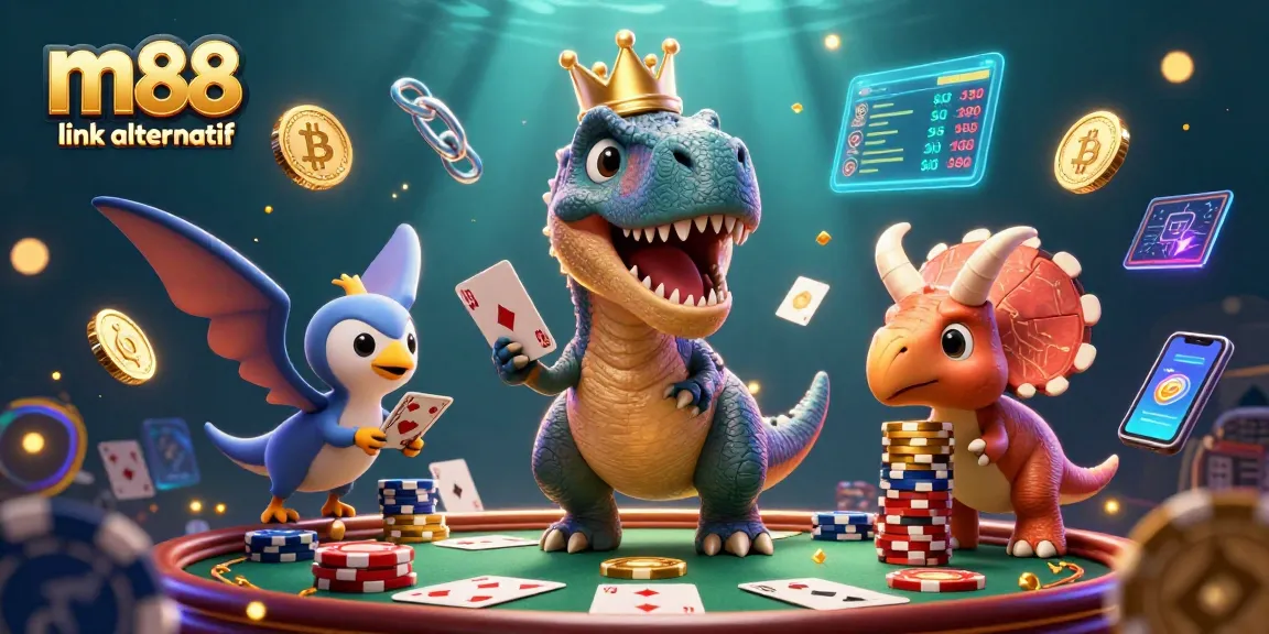 Engage with m88 link alternatif as a T-Rex shuffles cards, assisted by a friendly pterodactyl in an exciting casino setting.