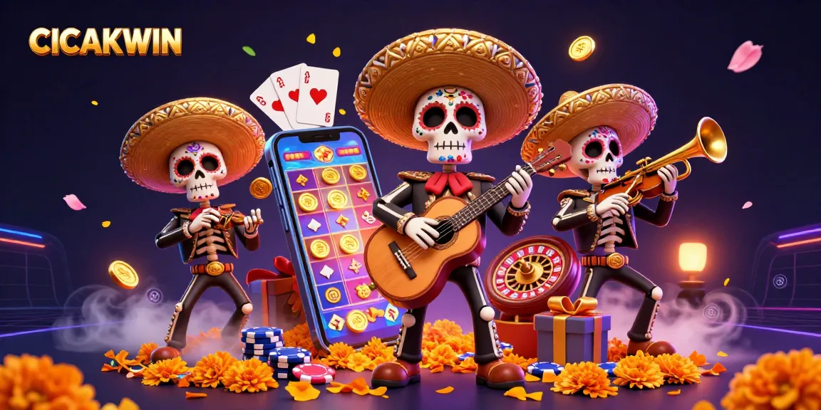 CICAKWIN brings excitement with 3D mariachi skeletons in a vibrant casino scene, playing games.