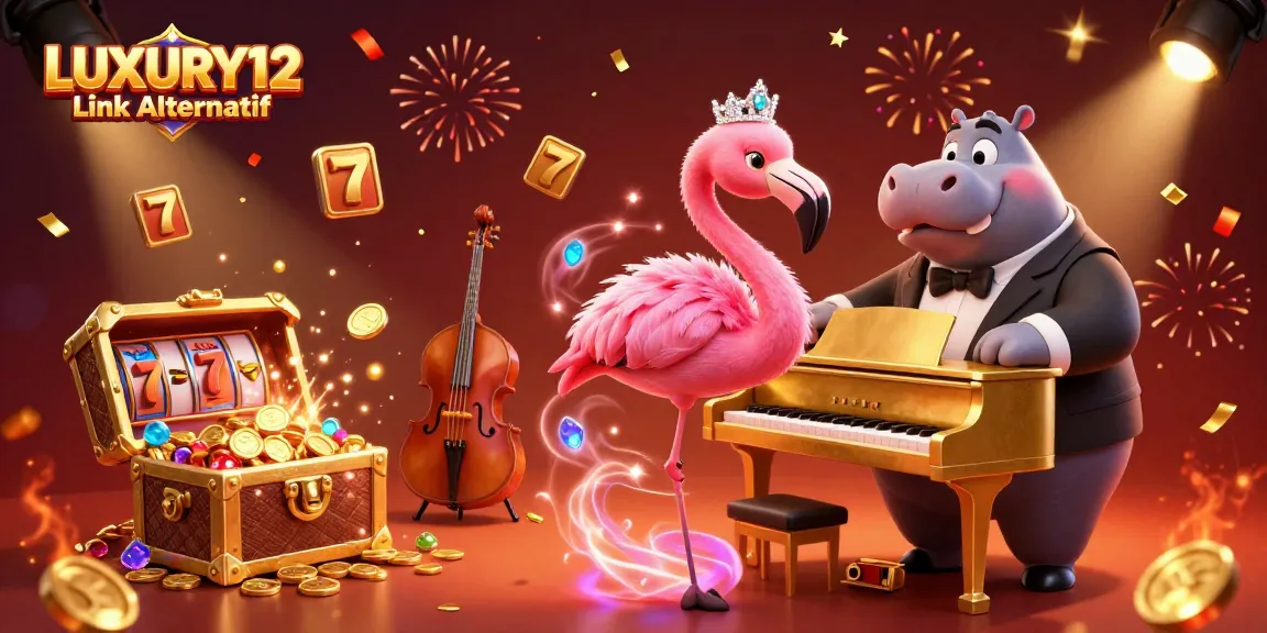 Experience the vibrant energy of LUXURY12 Link Alternatif in this dynamic casino scene filled with slot reels and festive decorations.