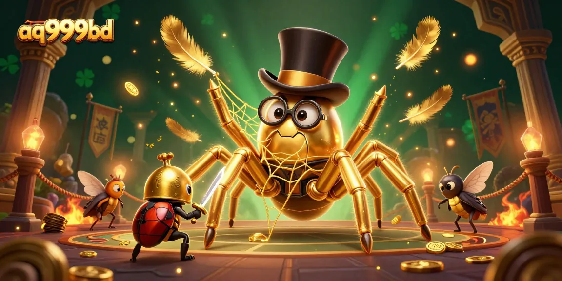 A dynamic scene of gambling fun at aq999bd with a golden tarantula and beetle knight in a vibrant casino