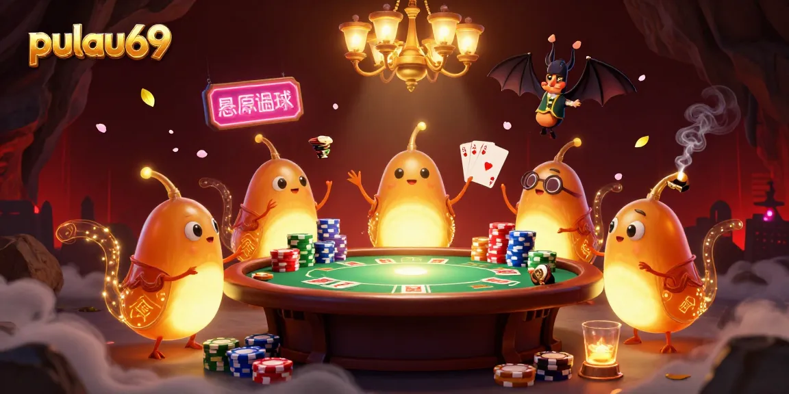 Pulau69 illuminates a vibrant casino scene with glowworms and poker elements, creating an engaging atmosphere.