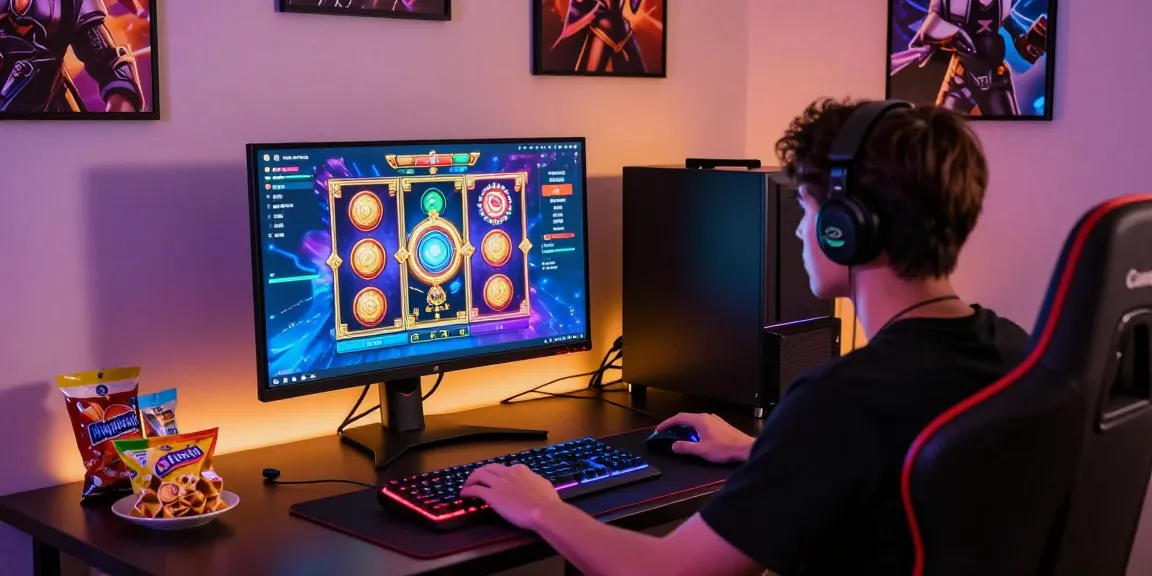 Pengalaman bermain slot online yang seru dengan aksesori gaming modern dan suasana penuh warna.