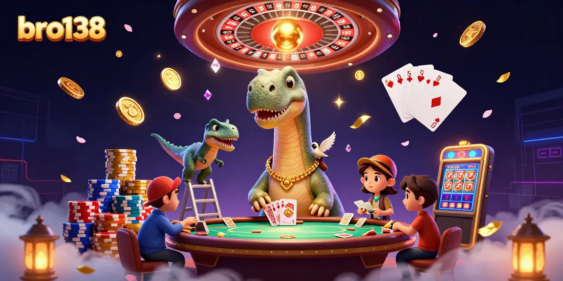 Bro138 captures thrilling card action with a dinosaur dealer in a bustling casino.