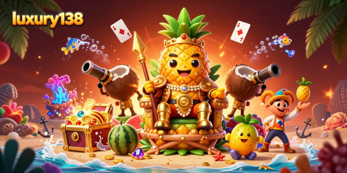 Engage with luxury138’s thrilling casino adventures alongside a golden pineapple king and his vibrant entourage.
