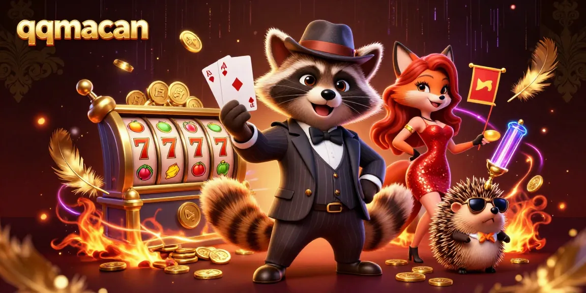 uupt qqmacan showcases a charming raccoon and fox amid vibrant slot reels and gold coins