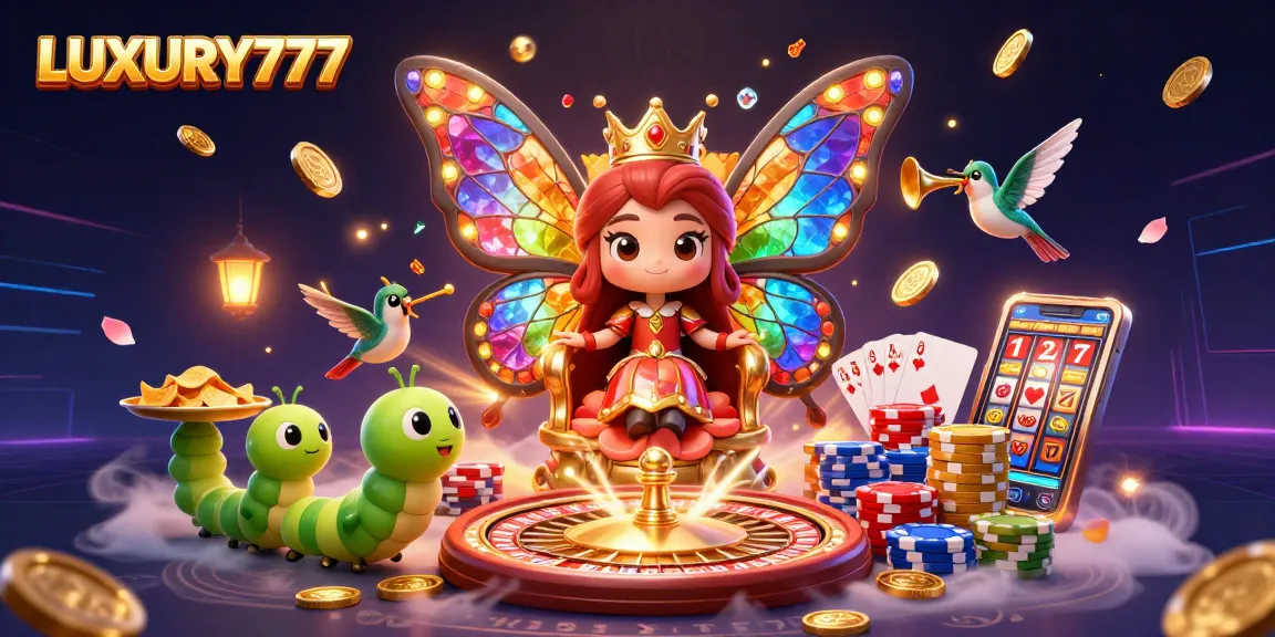 Permainan LUXURY777 menampilkan ratu kupu-kupu 3D dengan sayap kaca patri besar dan elemen kasino berkilauan.