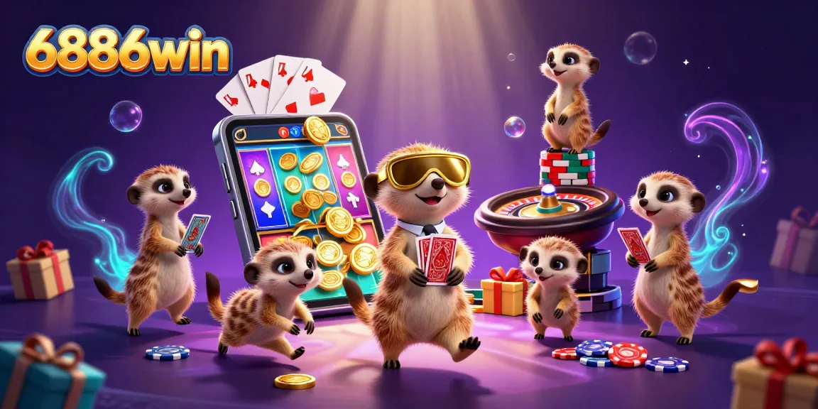 Experience vibrant casino excitement with 6886win's meerkat characters competing in a lively gaming scene.