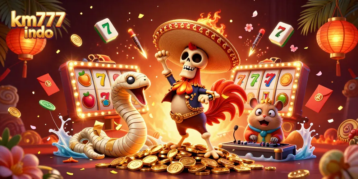 Engaging scene showcasing km777 indo casino with a dancing rooster, golden coins, and vibrant slot game elements.