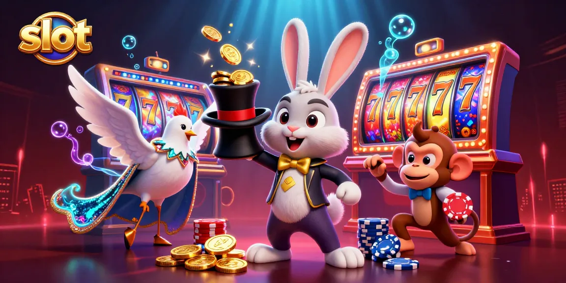 Spin and win with slot reels as a magician rabbit conjures coins, dove assistant, and monkey thief in a vibrant casino scene.