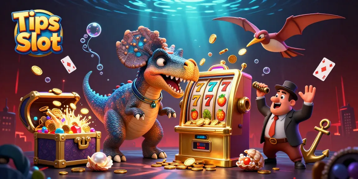 Dynamic scene of a Tips Slot with dinosaurs, a slot machine, and flying coins, illustrating casino excitement.