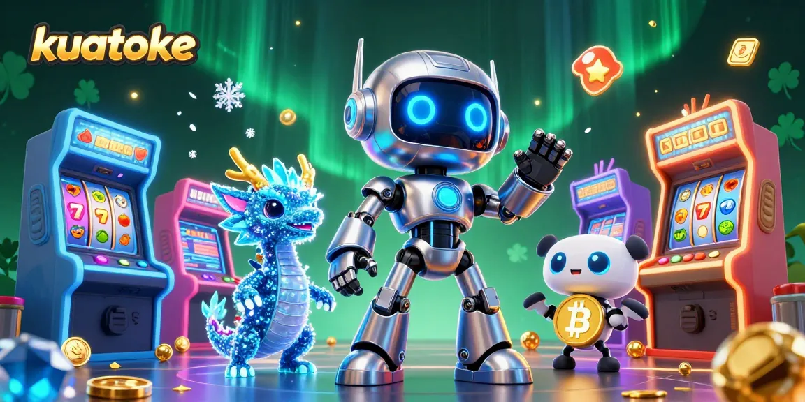 Experience gaming excitement with kuatoke in a vibrant 3D casino scene featuring futuristic characters and slot elements.
