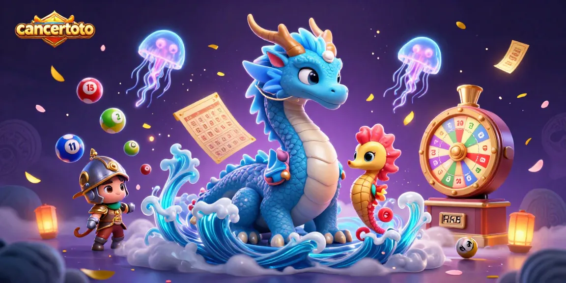 Menangkan hadiah di cancertoto melalui lotere bertema dengan bola berwarna-warni dan naga mistis.