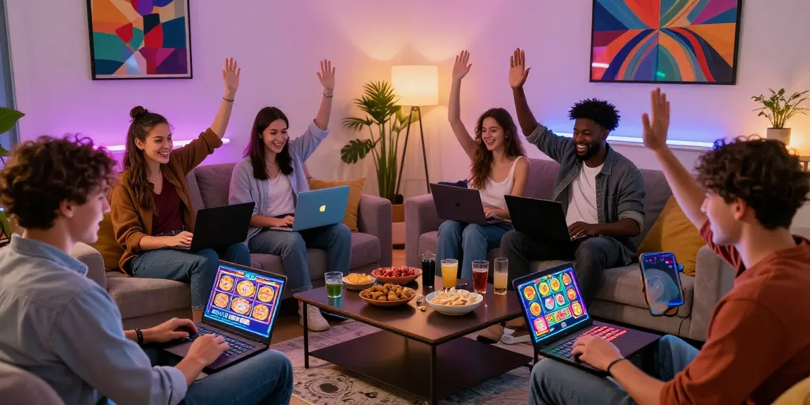 Friends enjoying a slot online gaming night in a cozy living room with vibrant decorations.