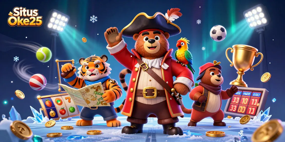 Situs Oke25 menampilkan karakter lucu dalam permainan slot di latar belakang yang penuh warna.