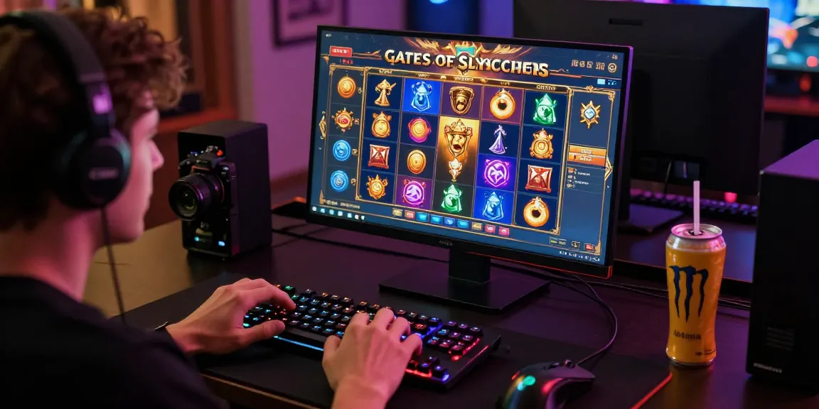Gamer asyik memainkan IMBAGACOR Gates of Olympus Super Scatter di laptop dengan semangat tinggi.