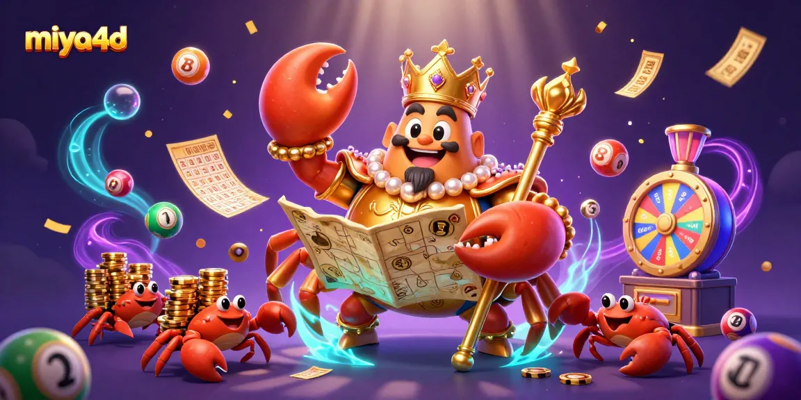 Miya4d showcases a vibrant 3D illustration of golden crab emperor amid lottery excitement, enhancing gaming strategy.