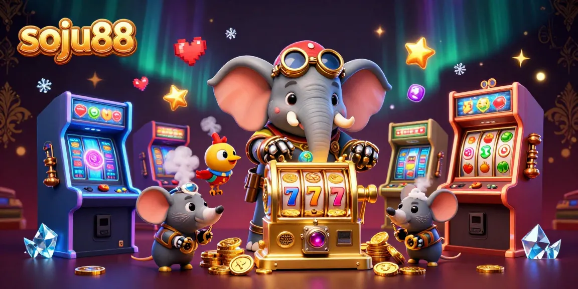 Spin the golden slot machine with soju88's enchanting steampunk elephant engineer and his whimsical companions.
