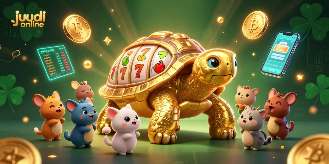 Experience judi online excitement with a vibrant casino scene featuring a golden tortoise slot machine.