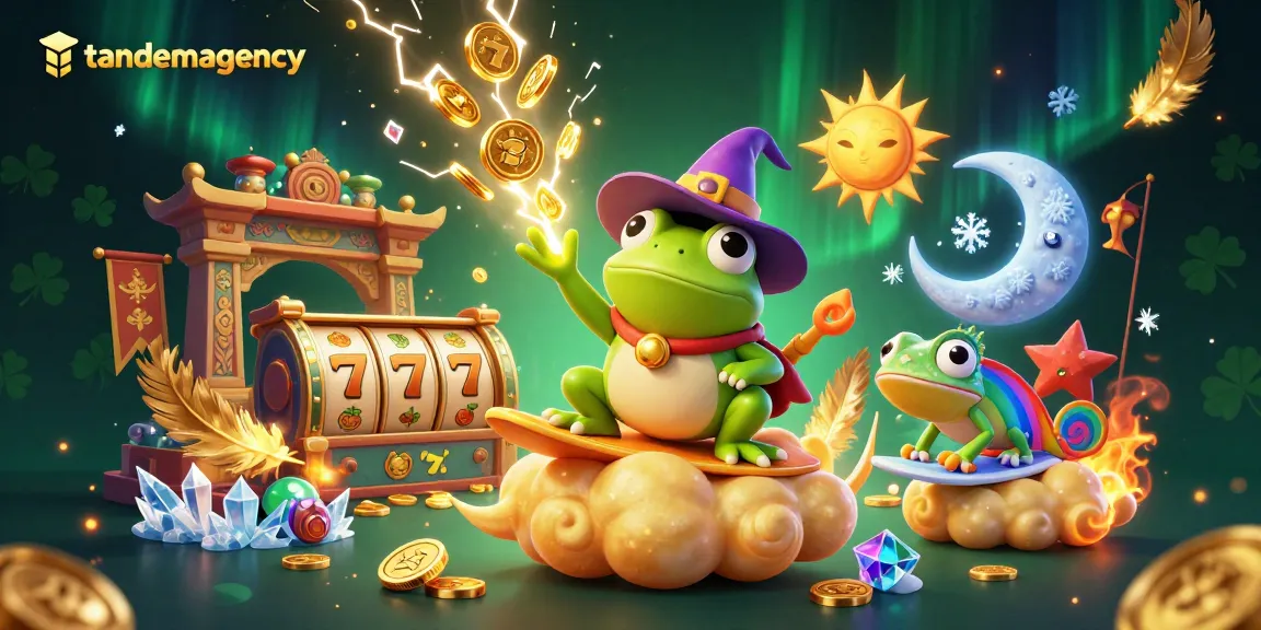 Engage in thrilling gameplay with tandemagency's vibrant casino-themed illustration of a wizard frog and chameleon.