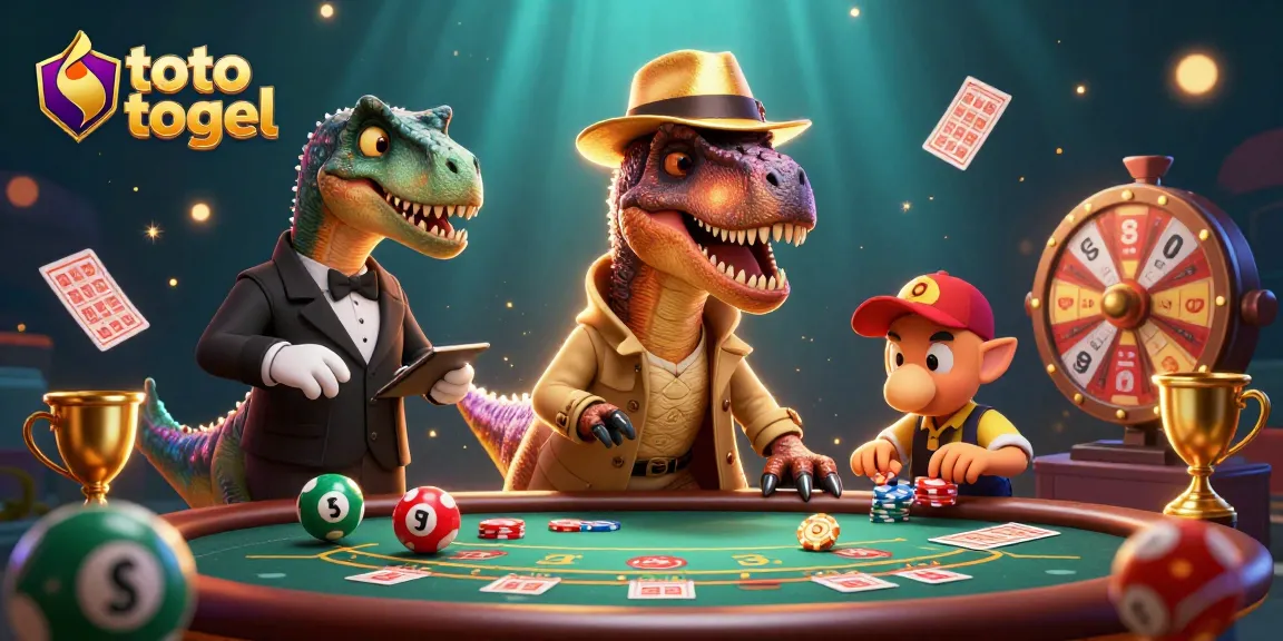 Engaging scene of a toto togel cartoon featuring a velociraptor card counter in disguise, enhancing lottery excitement.