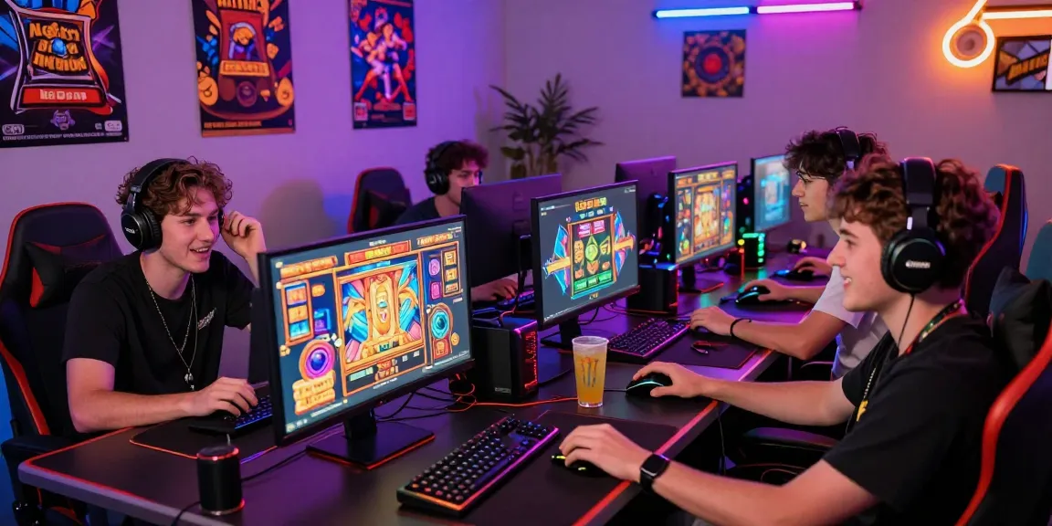 Suasana bermain slot gacor secara online dengan sekumpulan teman bersemangat di ruang permainan modern.