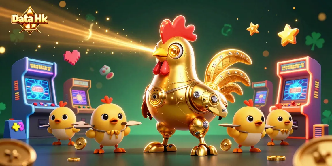 Engage with Data Hk in an exciting 3D illustration featuring a futuristic rooster robot and dynamic gaming elements.