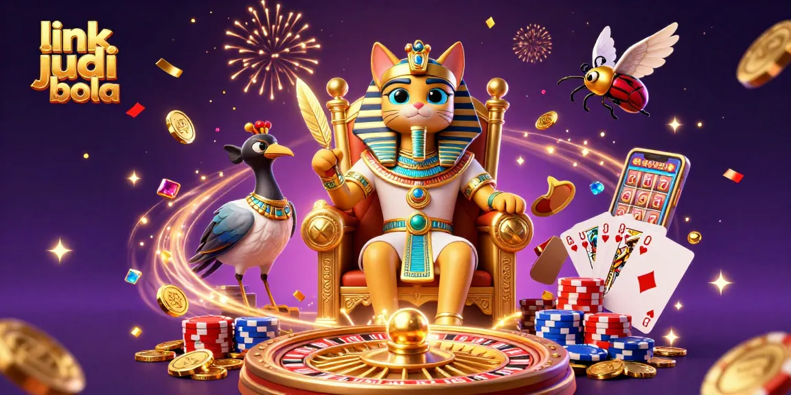Experience link judi bola with vibrant casino-themed illustration featuring a pharaoh cat and treasures.
