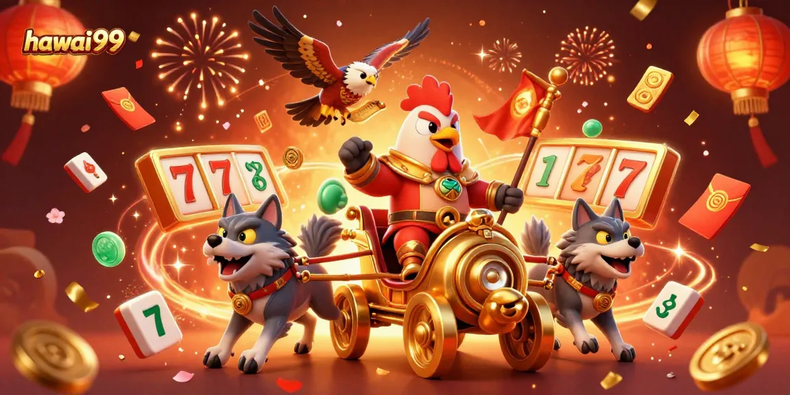 Engage with hawai99 as the rooster warlord and wolves celebrate with slot reels and firework effects.