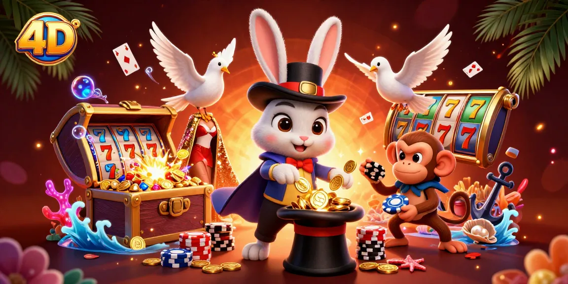 Experience thrilling 4D slot adventures with a magician rabbit, dove, and monkey amidst vibrant casino elements.