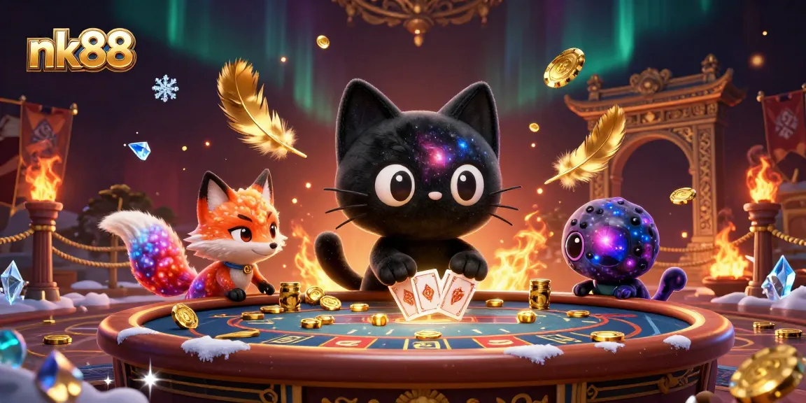 Join the cosmic fun at nk88 casino with spinning chips and cards attracting luck!