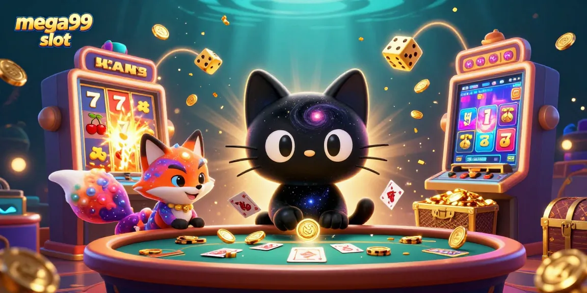 Engage with mega99 slot's playful universe, where a cosmic cat draws in golden winnings and colorful treasures.