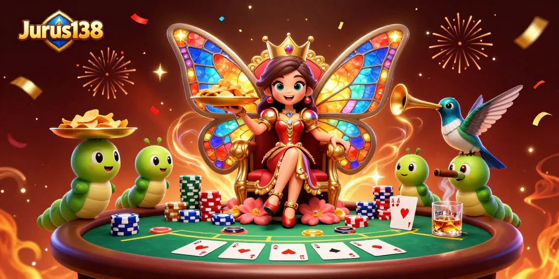 Play poker like a pro with Jurus138's lively butterfly queen illustration and vibrant casino elements.