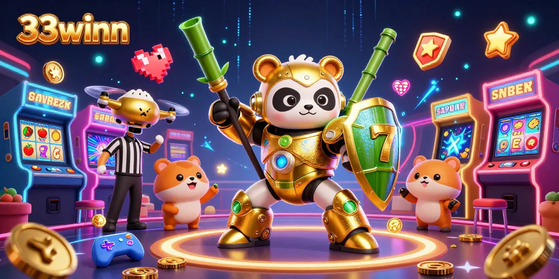 Engage with 33winn's dynamic casino action featuring a golden panda in a mech-suit amidst vibrant slot elements.