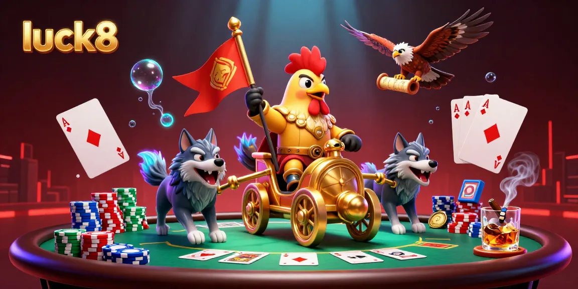 Experience luck8's action with a vibrant casino scene featuring a rooster warlord and intense gaming elements.