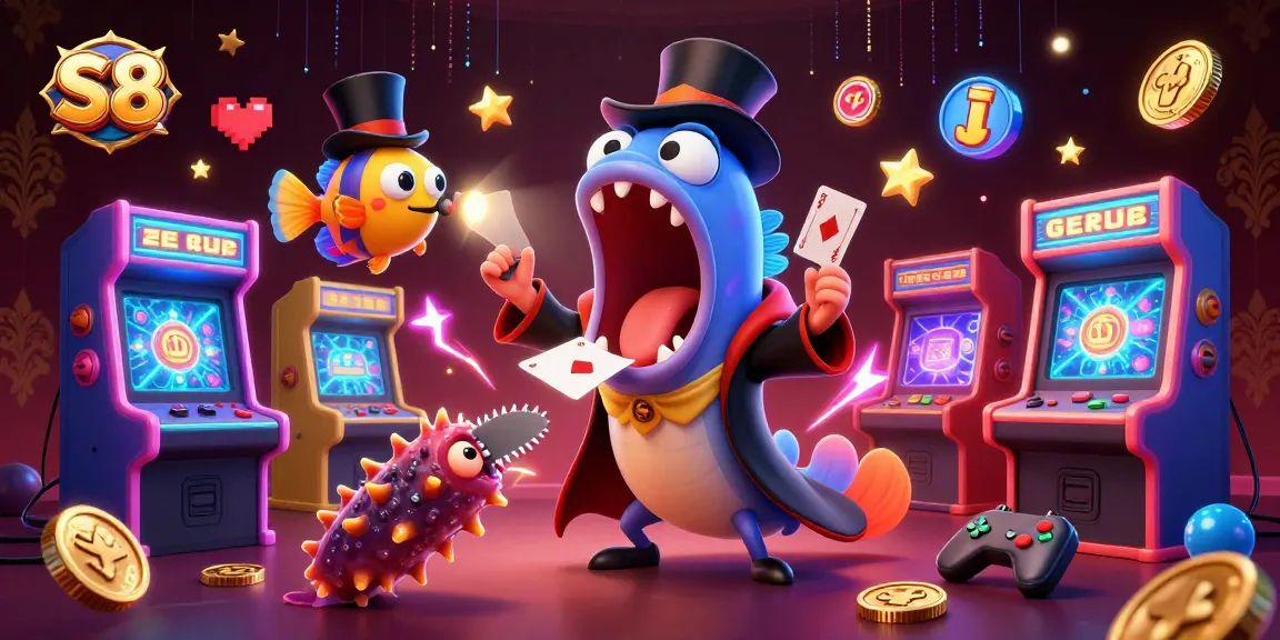 S8 players engaging with thrilling card tricks by a bioluminescent eel in a vibrant casino scene